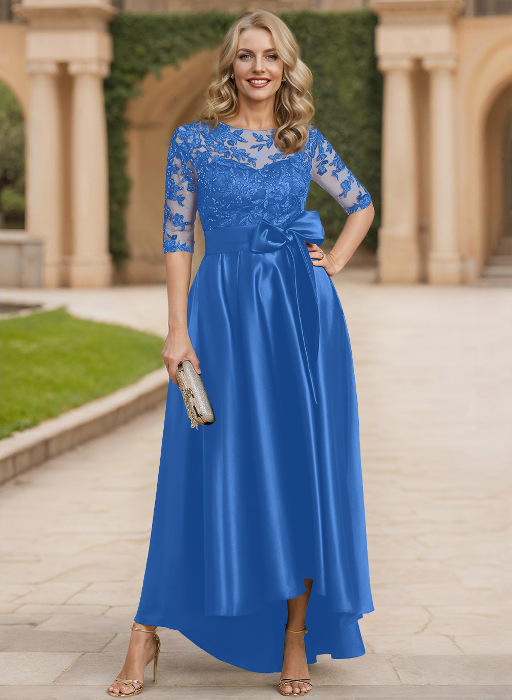 Exquisite Semi Sheer Illusion Lace Applique Neck Mother Of The Bride Dresses With Bow Accented