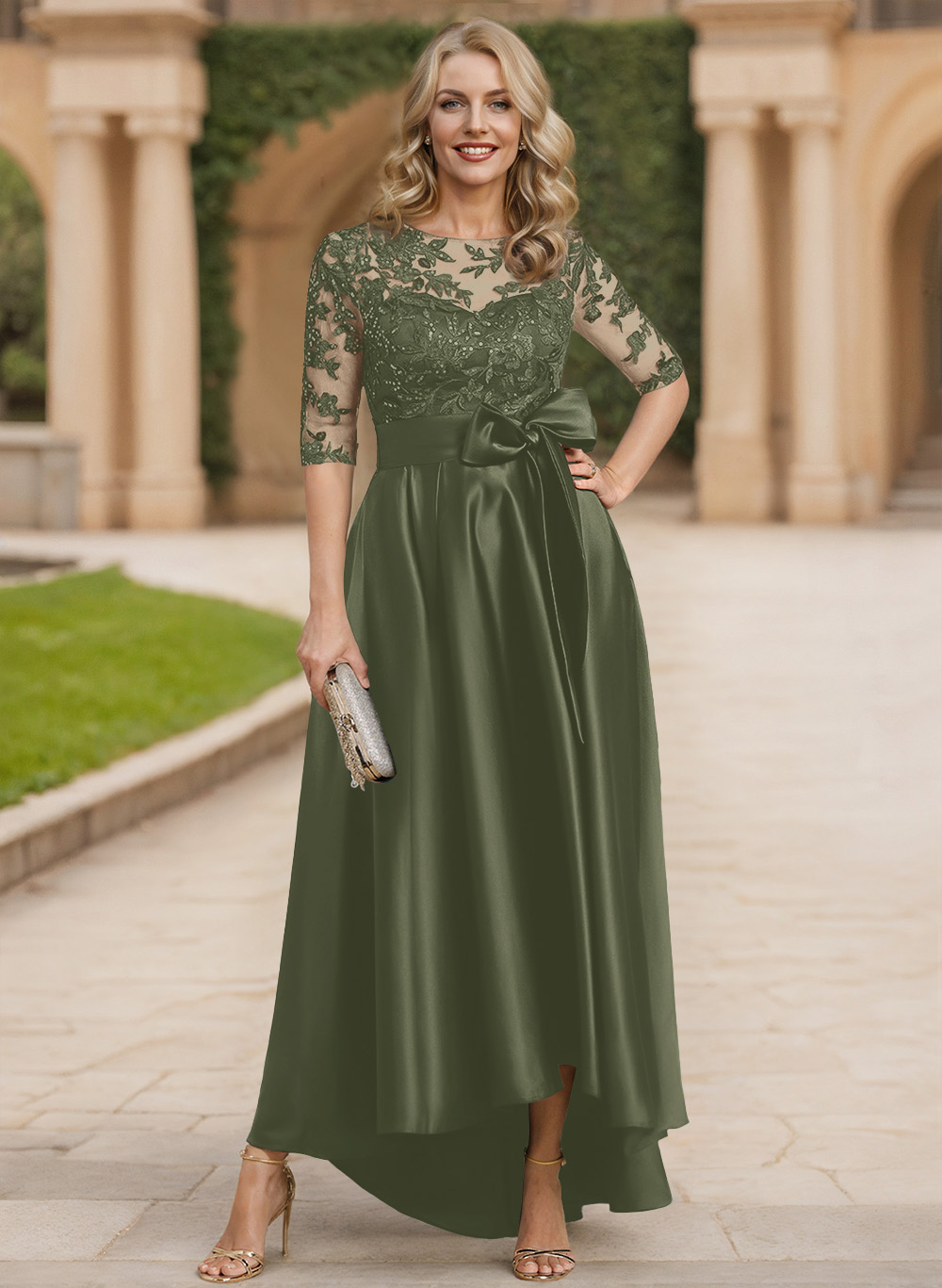 Exquisite Semi Sheer Illusion Lace Applique Neck Mother Of The Bride Dresses With Bow Accented