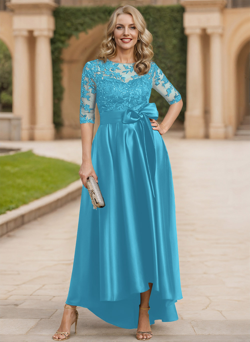 Exquisite Semi Sheer Illusion Lace Applique Neck Mother Of The Bride Dresses With Bow Accented