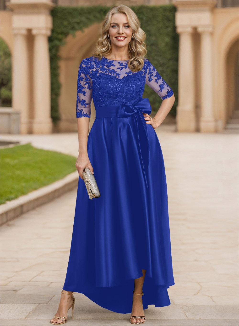 Exquisite Semi Sheer Illusion Lace Applique Neck Mother Of The Bride Dresses With Bow Accented