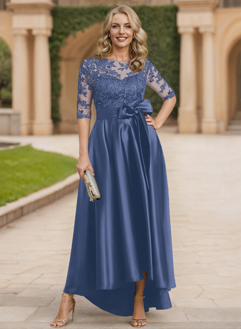 Exquisite Semi Sheer Illusion Lace Applique Neck Mother Of The Bride Dresses With Bow Accented