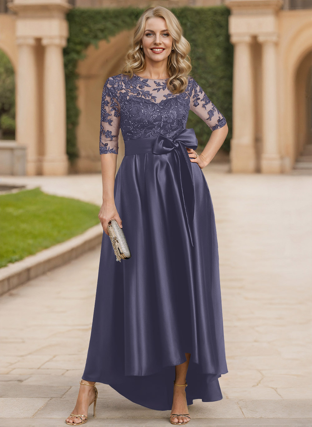 Exquisite Semi Sheer Illusion Lace Applique Neck Mother Of The Bride Dresses With Bow Accented