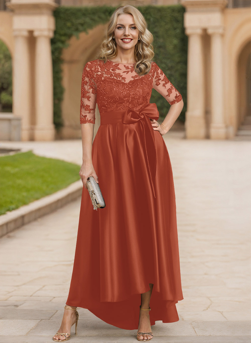 Exquisite Semi Sheer Illusion Lace Applique Neck Mother Of The Bride Dresses With Bow Accented