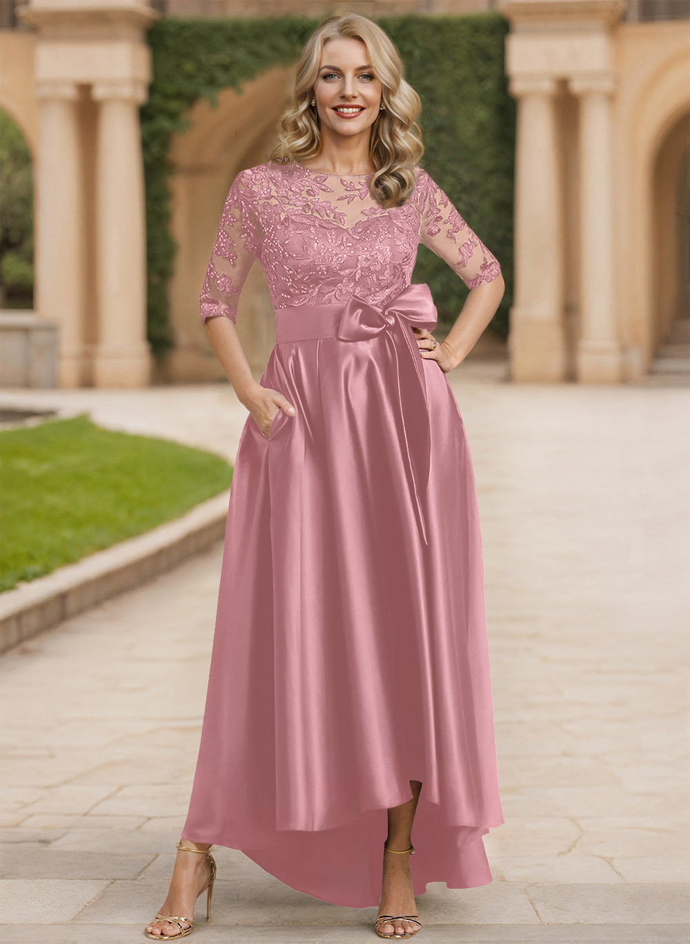 Exquisite Semi Sheer Illusion Lace Applique Neck Mother Of The Bride Dresses With Bow Accented