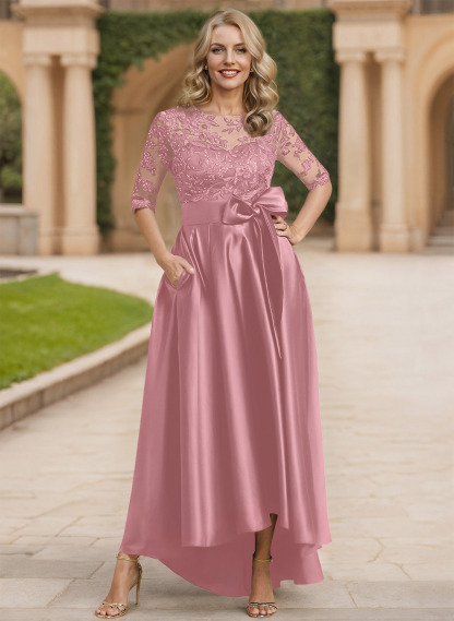 Exquisite Semi Sheer Illusion Lace Applique Neck Mother Of The Bride Dresses With Bow Accented