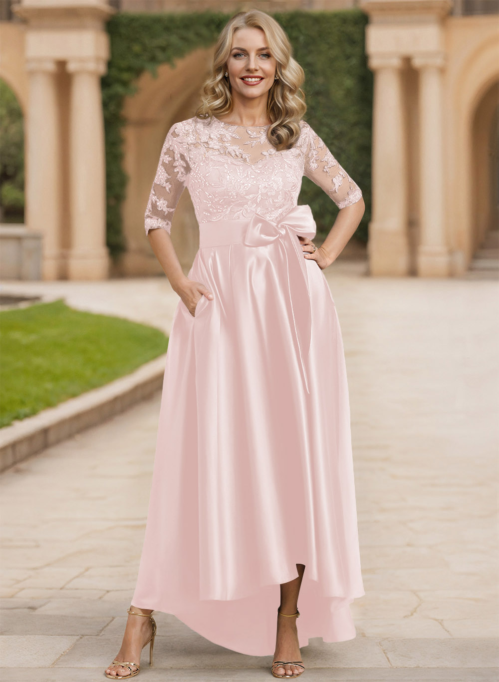 Exquisite Semi Sheer Illusion Lace Applique Neck Mother Of The Bride Dresses With Bow Accented