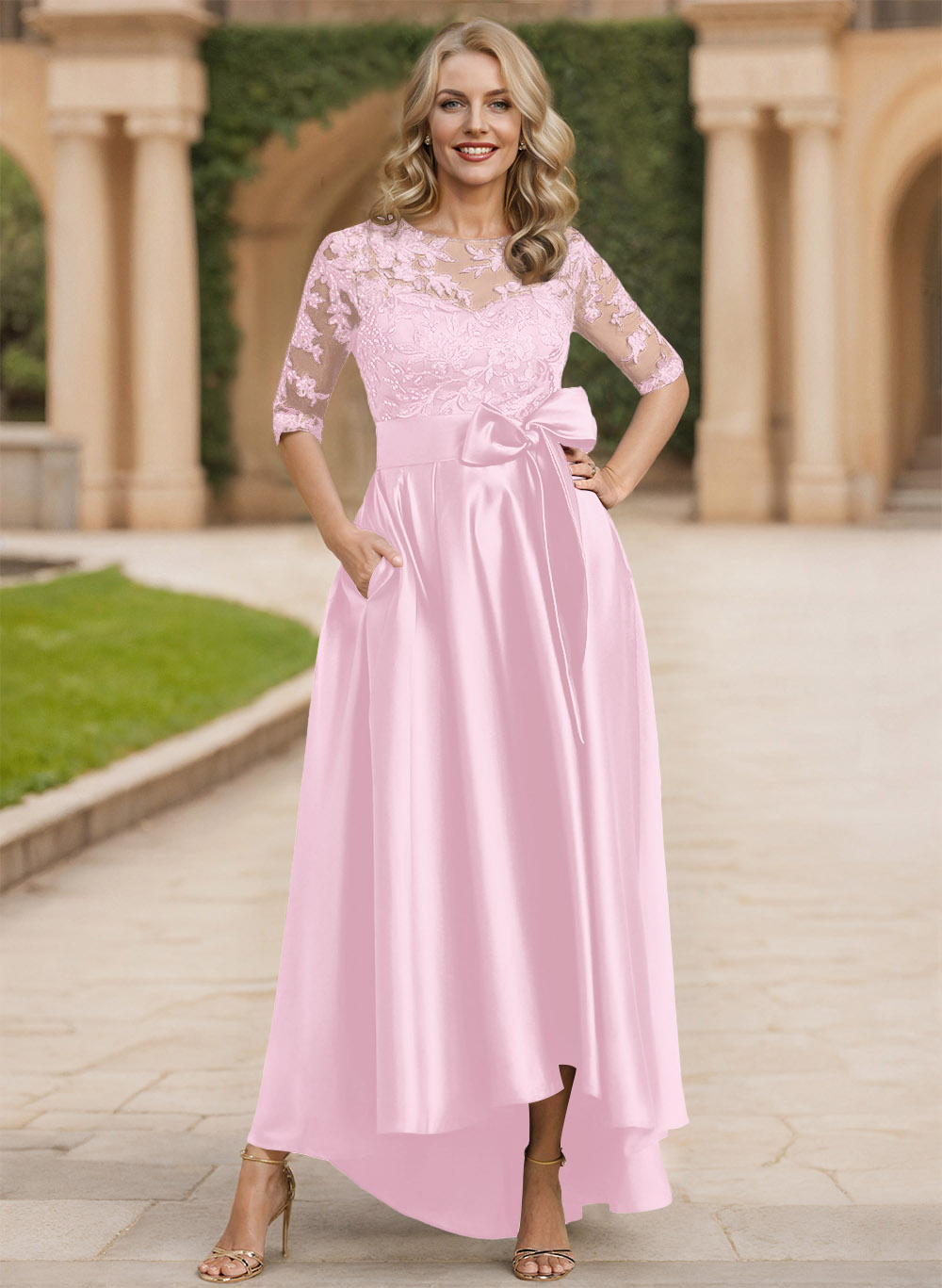 Exquisite Semi Sheer Illusion Lace Applique Neck Mother Of The Bride Dresses With Bow Accented