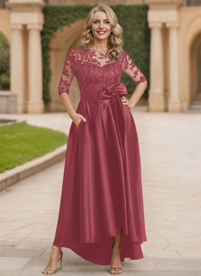 Exquisite Semi Sheer Illusion Lace Applique Neck Mother Of The Bride Dresses With Bow Accented