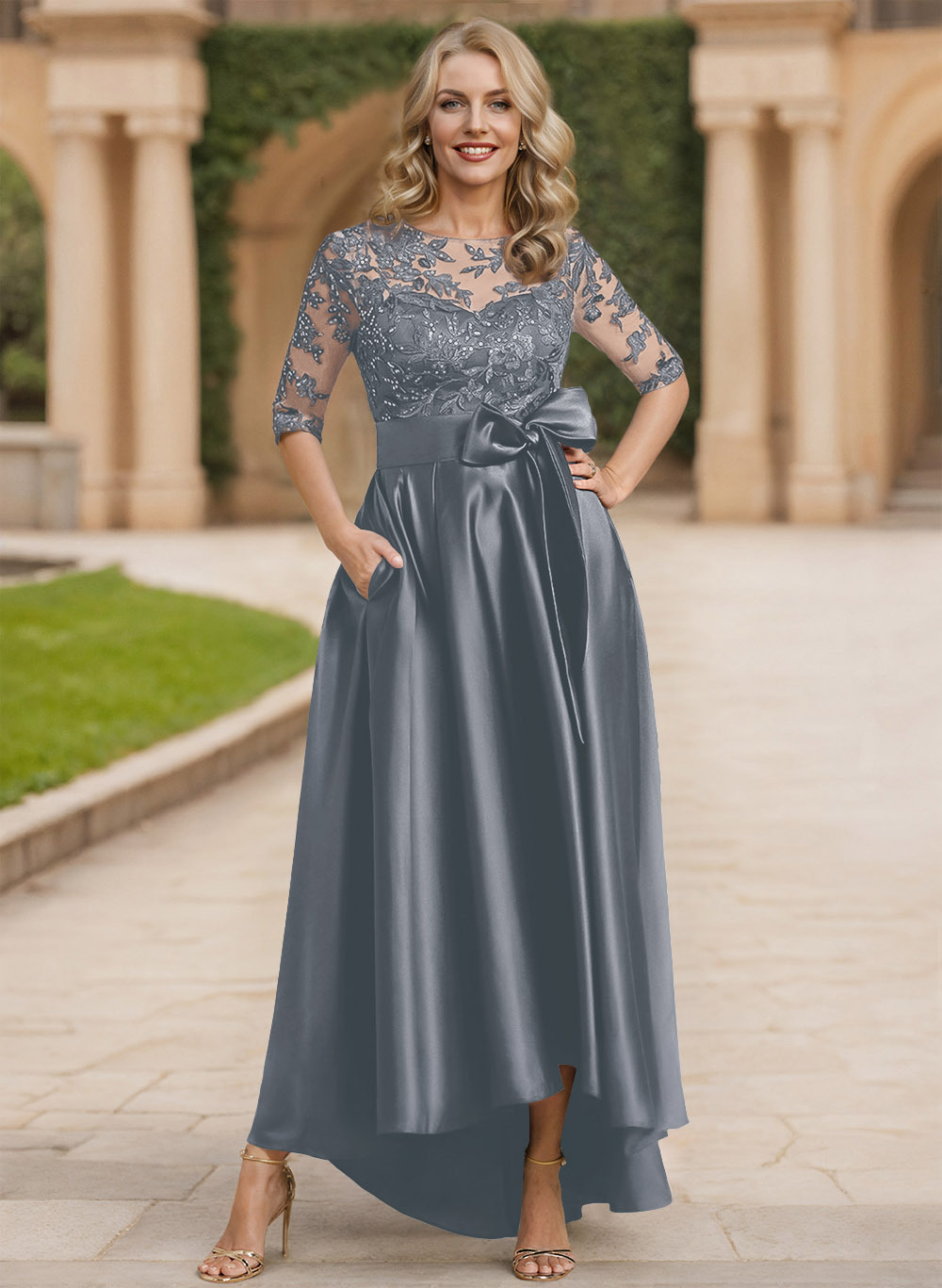 Exquisite Semi Sheer Illusion Lace Applique Neck Mother Of The Bride Dresses With Bow Accented