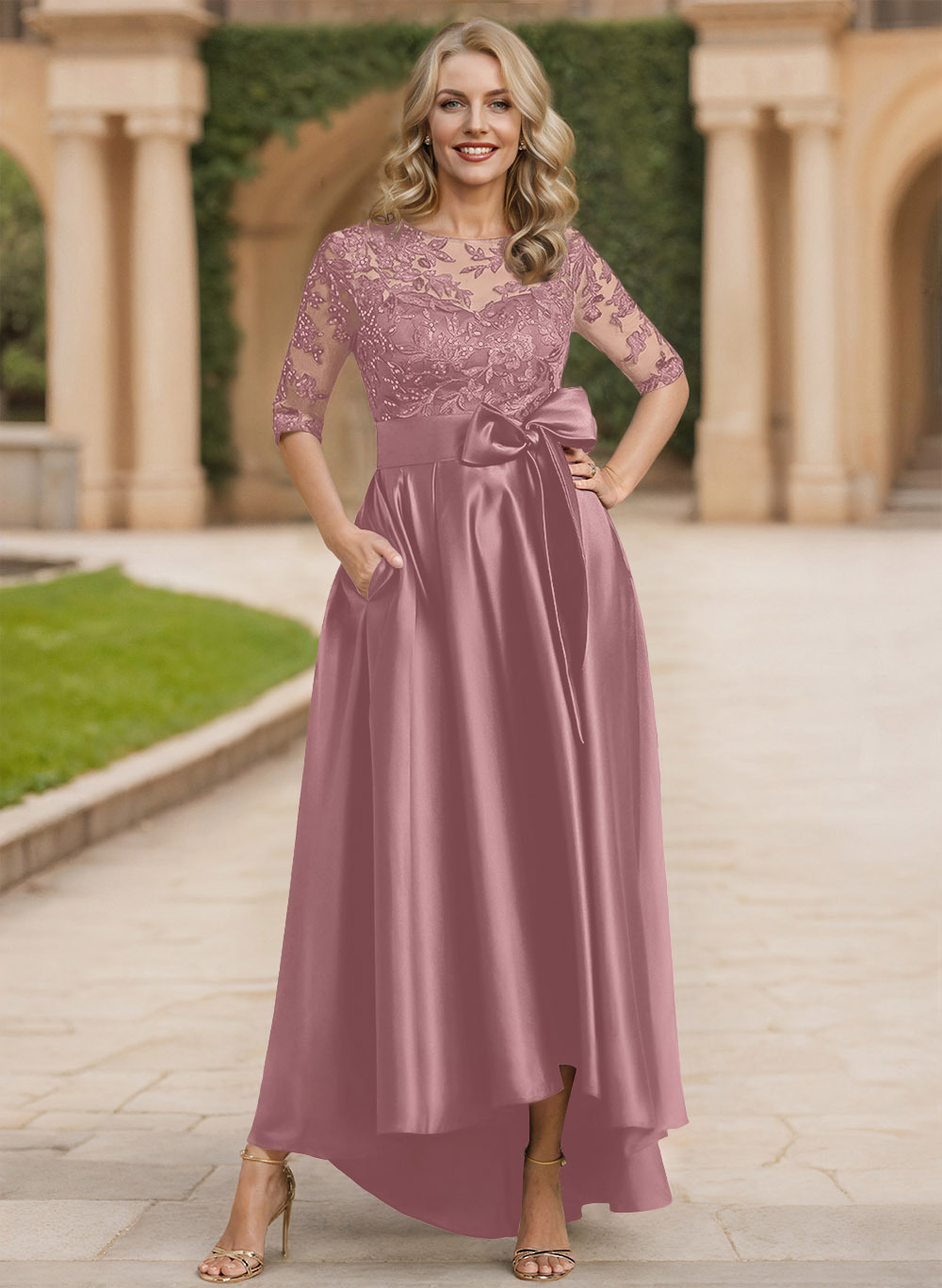 Exquisite Semi Sheer Illusion Lace Applique Neck Mother Of The Bride Dresses With Bow Accented