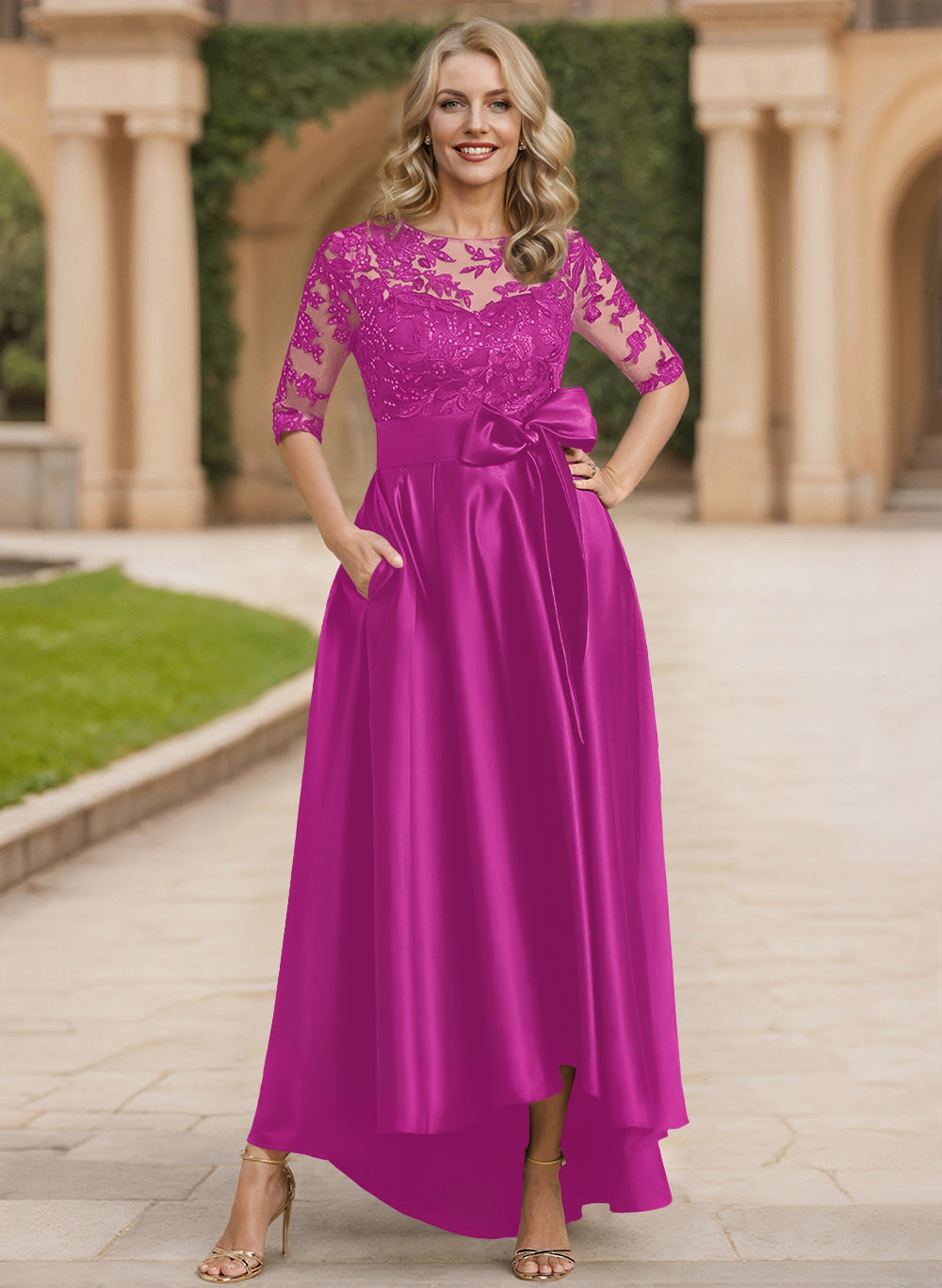 Exquisite Semi Sheer Illusion Lace Applique Neck Mother Of The Bride Dresses With Bow Accented