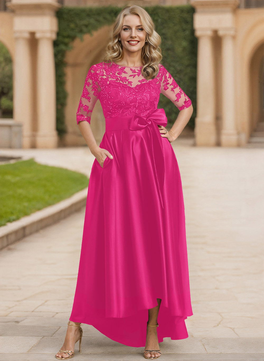Exquisite Semi Sheer Illusion Lace Applique Neck Mother Of The Bride Dresses With Bow Accented