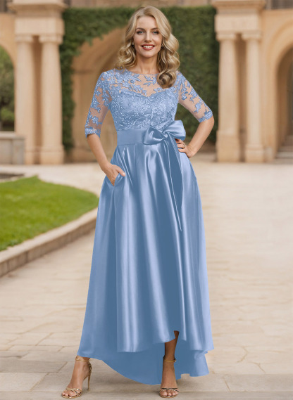 Exquisite Semi Sheer Illusion Lace Applique Neck Mother Of The Bride Dresses With Bow Accented
