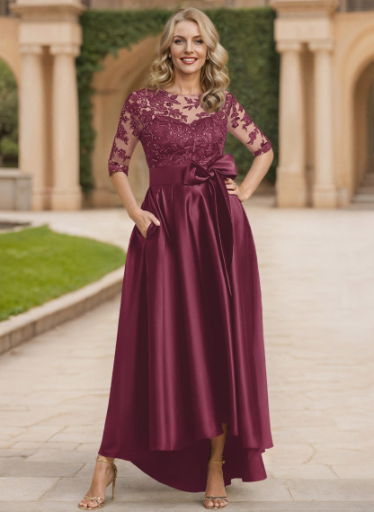 Exquisite Semi Sheer Illusion Lace Applique Neck Mother Of The Bride Dresses With Bow Accented
