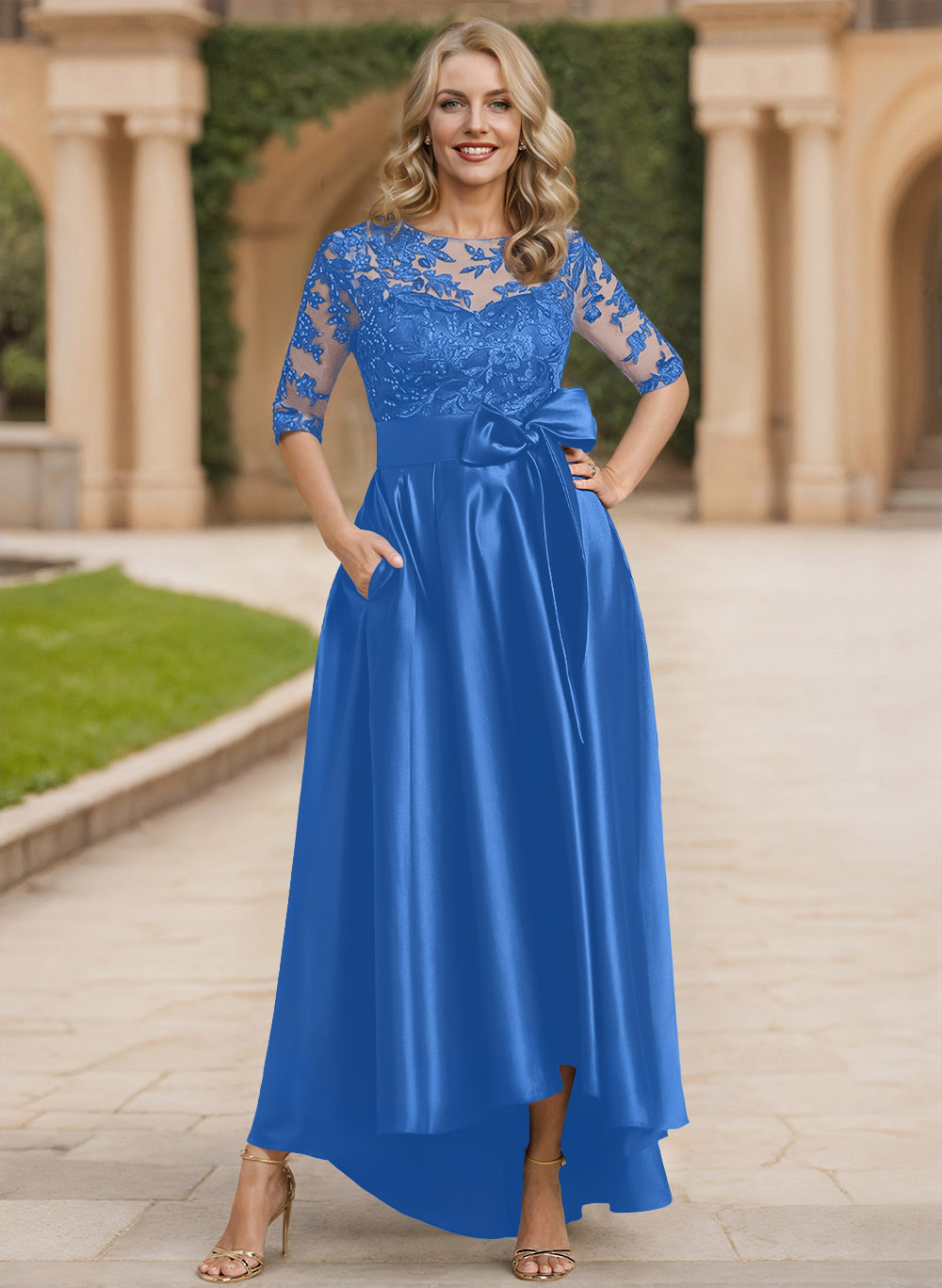 Exquisite Semi Sheer Illusion Lace Applique Neck Mother Of The Bride Dresses With Bow Accented