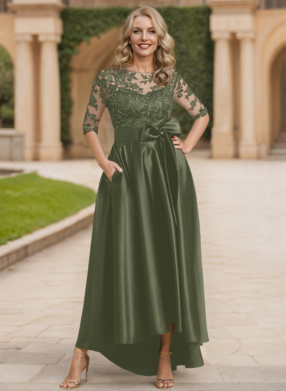 Exquisite Semi Sheer Illusion Lace Applique Neck Mother Of The Bride Dresses With Bow Accented