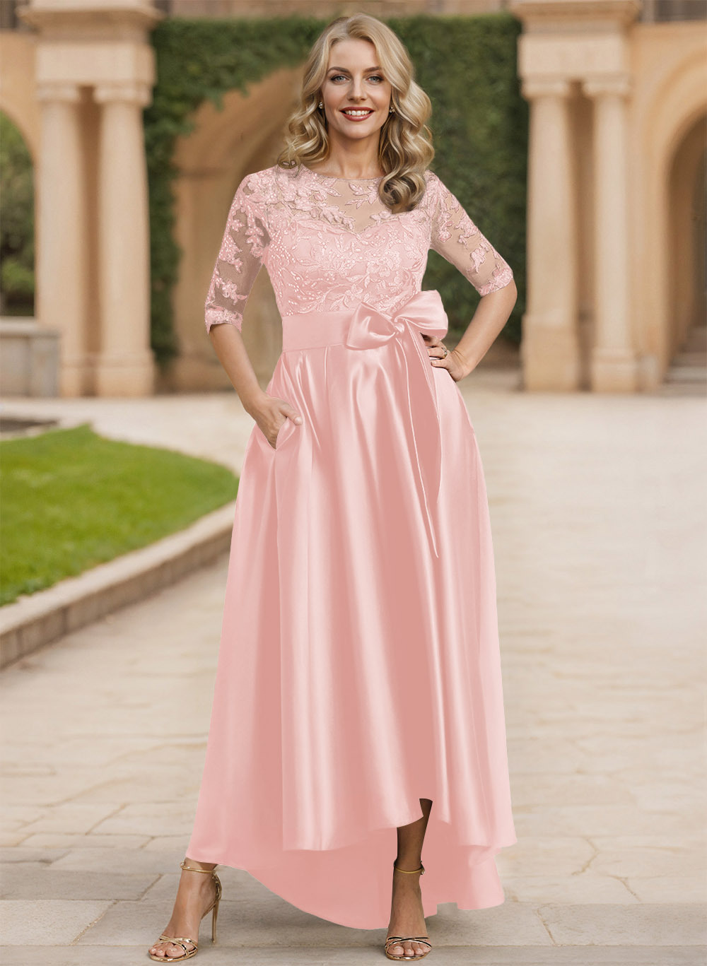 Exquisite Semi Sheer Illusion Lace Applique Neck Mother Of The Bride Dresses With Bow Accented