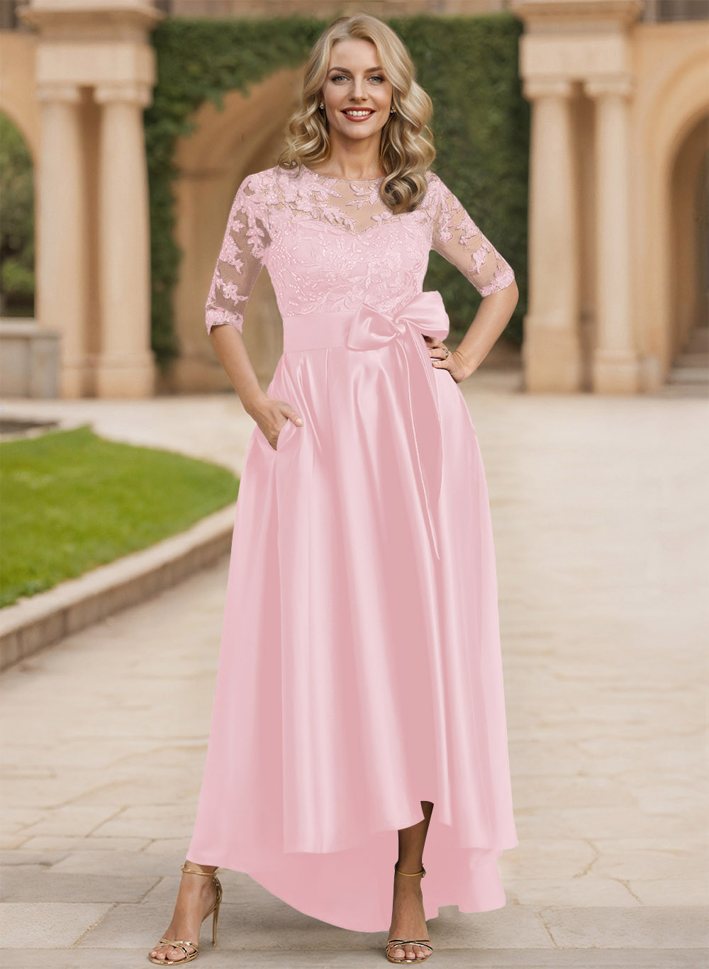 Exquisite Semi Sheer Illusion Lace Applique Neck Mother Of The Bride Dresses With Bow Accented