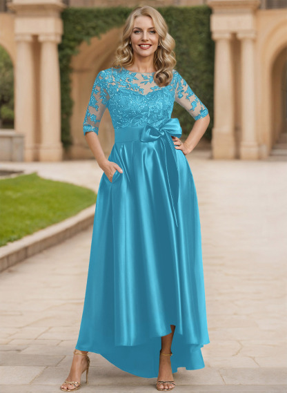 Exquisite Semi Sheer Illusion Lace Applique Neck Mother Of The Bride Dresses With Bow Accented