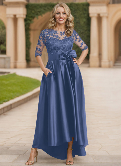 Exquisite Semi Sheer Illusion Lace Applique Neck Mother Of The Bride Dresses With Bow Accented