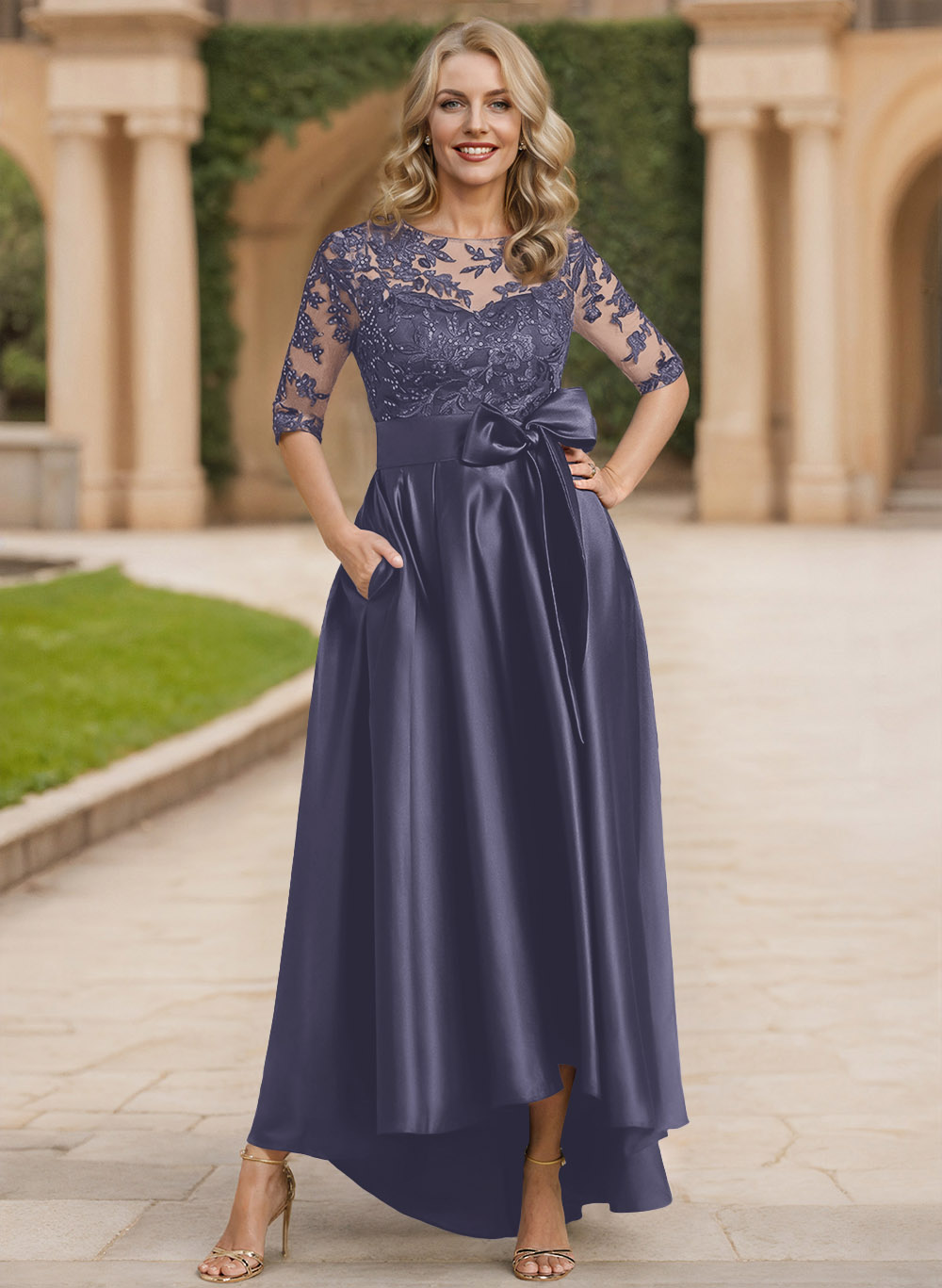 Exquisite Semi Sheer Illusion Lace Applique Neck Mother Of The Bride Dresses With Bow Accented