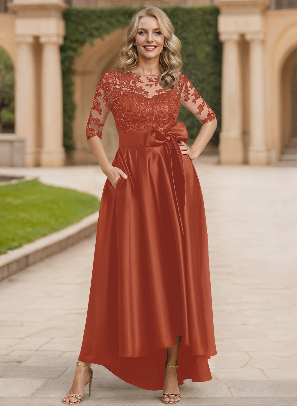 Exquisite Semi Sheer Illusion Lace Applique Neck Mother Of The Bride Dresses With Bow Accented