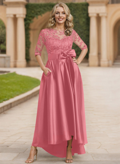 Exquisite Semi Sheer Illusion Lace Applique Neck Mother Of The Bride Dresses With Bow Accented