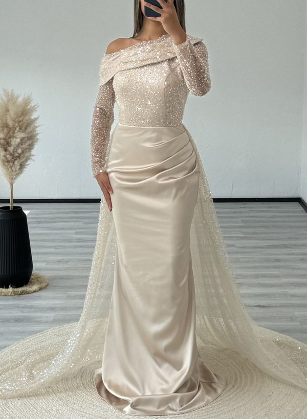 Sheath/Column Asymmetrical Long Sleeves Court Train Silk Like Satin/Sequined Evening Dresses in As Picture, US2