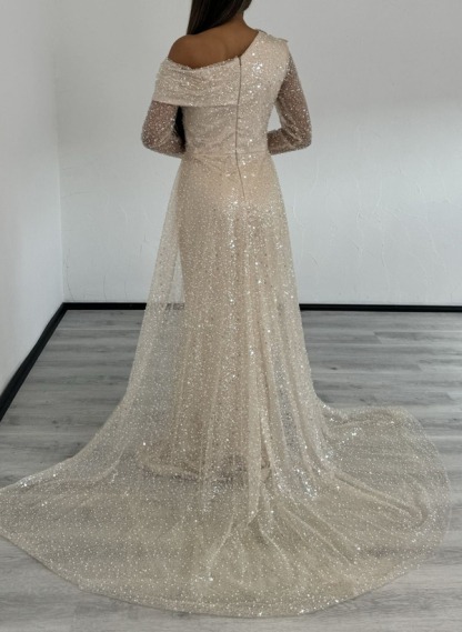 Sheath/Column Asymmetrical Long Sleeves Court Train Silk Like Satin/Sequined Evening Dresses, supplier image 2