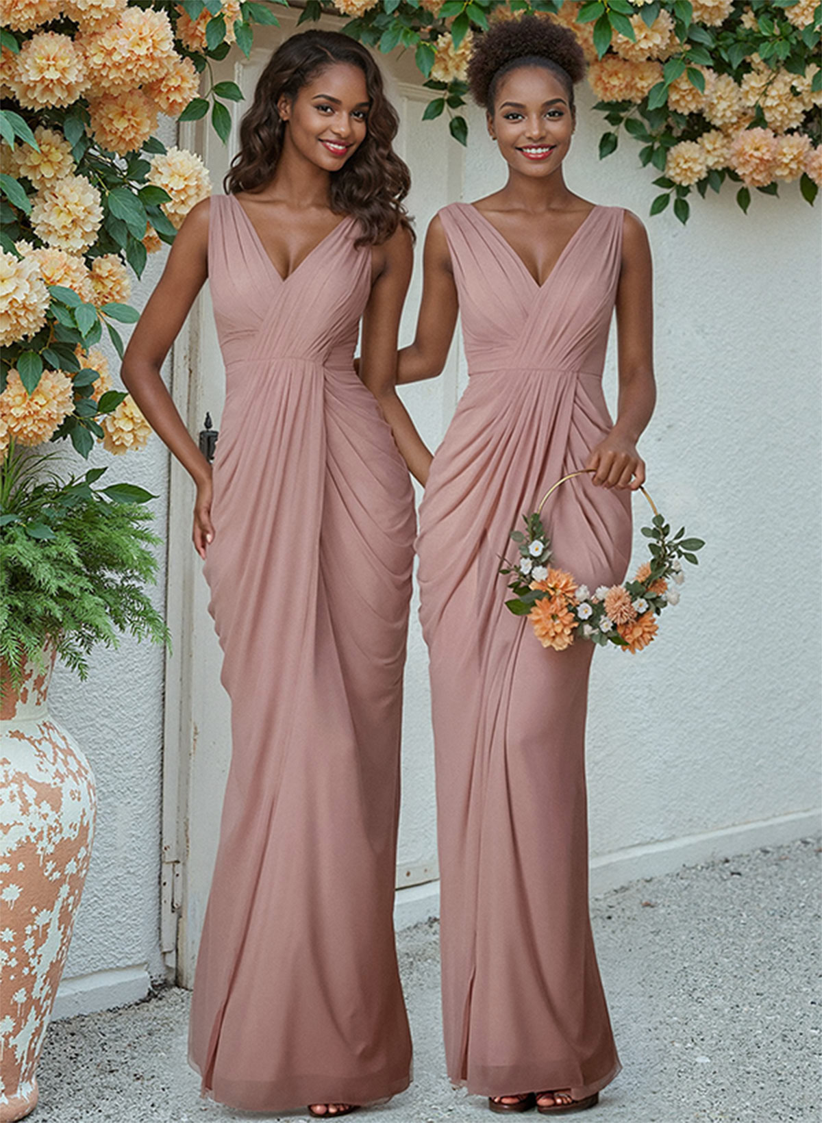 Sheath/Column V-Neck Sleeveless Floor-Length Chiffon Bridesmaid Dresses in As Picture, US2