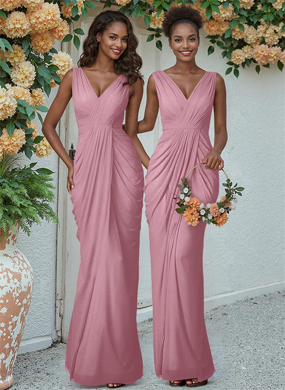 Sheath/Column V-Neck Sleeveless Floor-Length Chiffon Bridesmaid Dresses, product image 75
