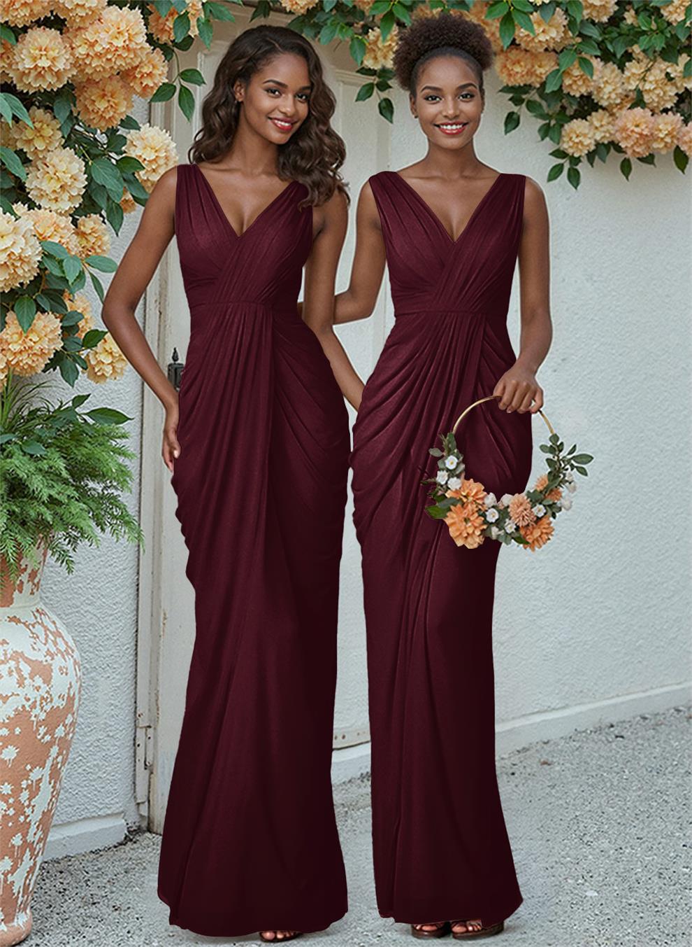 Sheath/Column V-Neck Sleeveless Floor-Length Chiffon Bridesmaid Dresses, product image 45