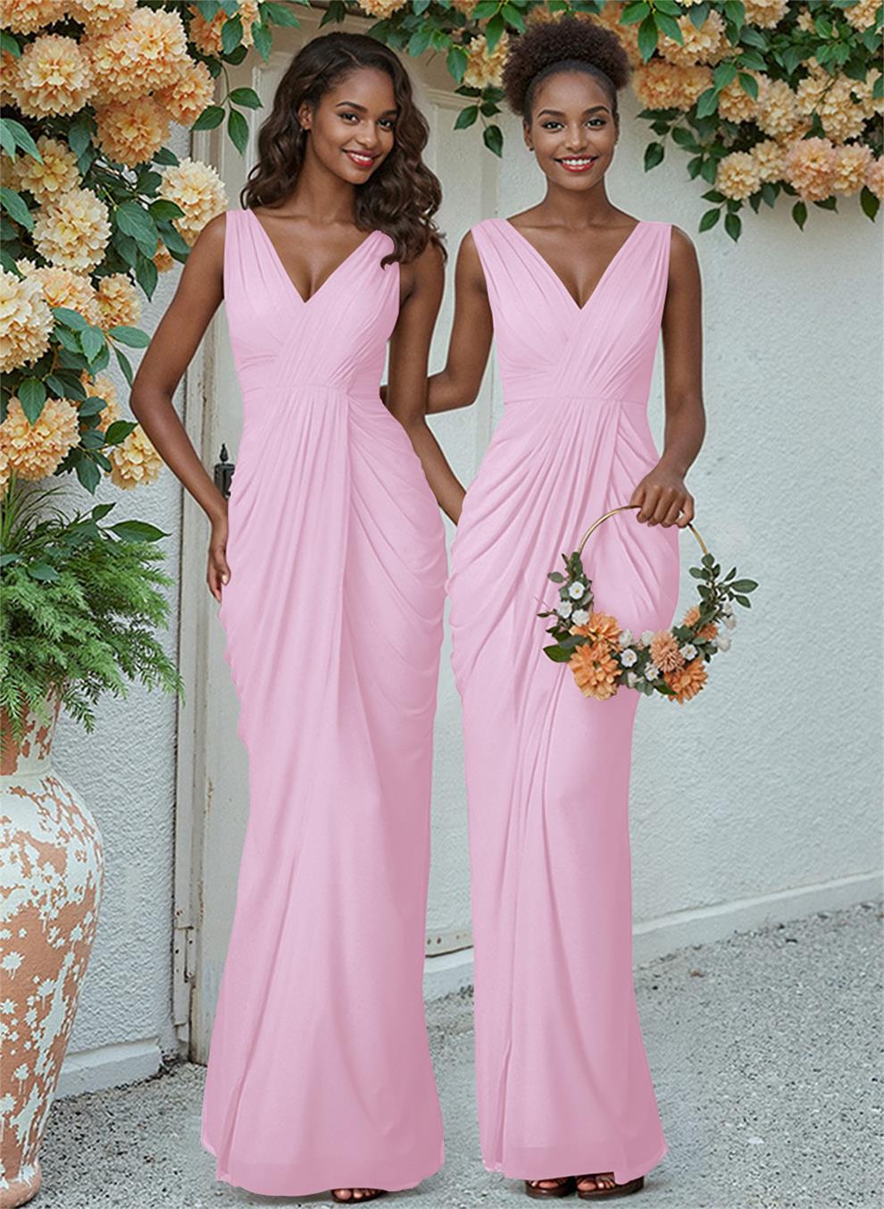 Sheath/Column V-Neck Sleeveless Floor-Length Chiffon Bridesmaid Dresses, product image 87