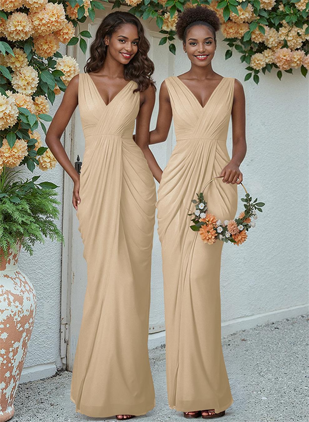 Sheath/Column V-Neck Sleeveless Floor-Length Chiffon Bridesmaid Dresses, product image 153