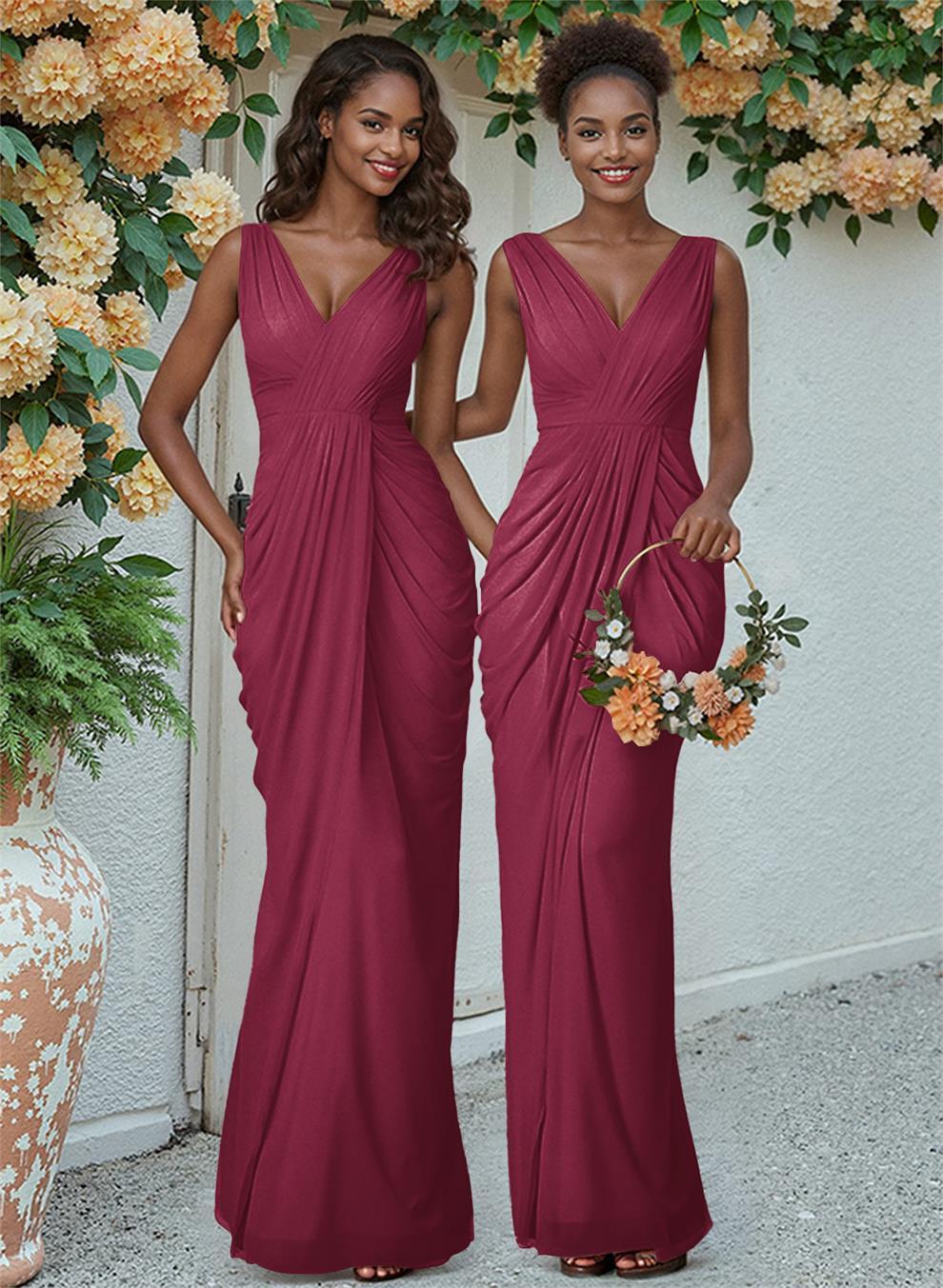 Sheath/Column V-Neck Sleeveless Floor-Length Chiffon Bridesmaid Dresses, product image 51