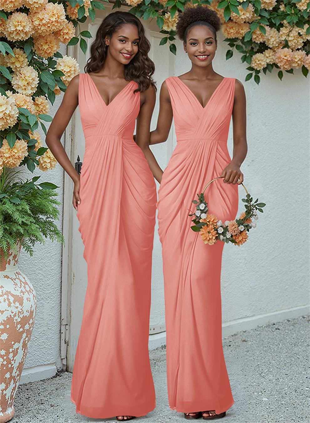 Sheath/Column V-Neck Sleeveless Floor-Length Chiffon Bridesmaid Dresses, product image 81