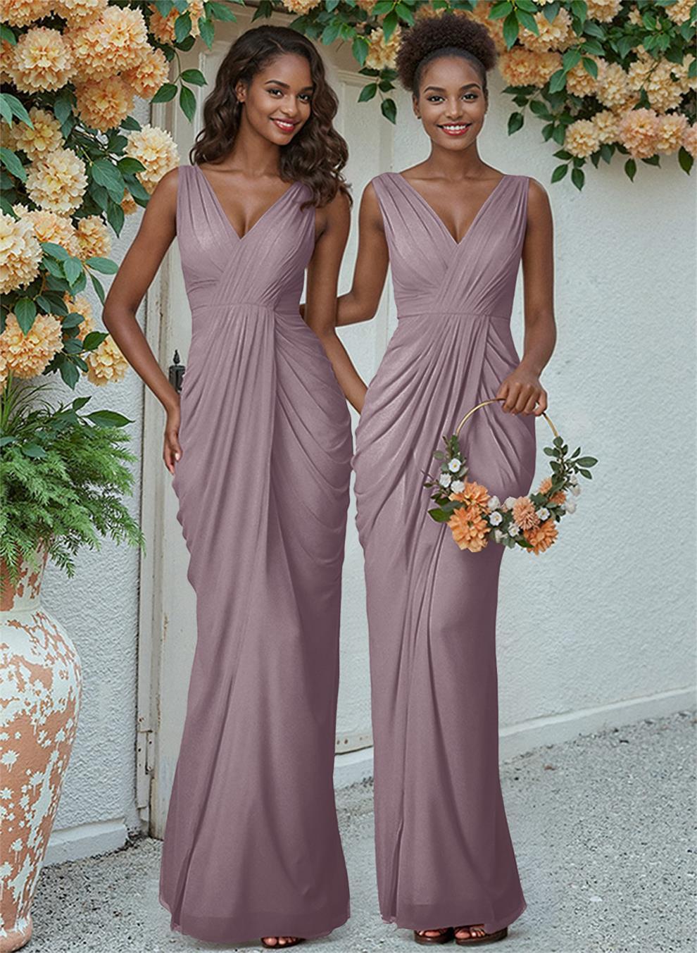 Sheath/Column V-Neck Sleeveless Floor-Length Chiffon Bridesmaid Dresses, product image 90