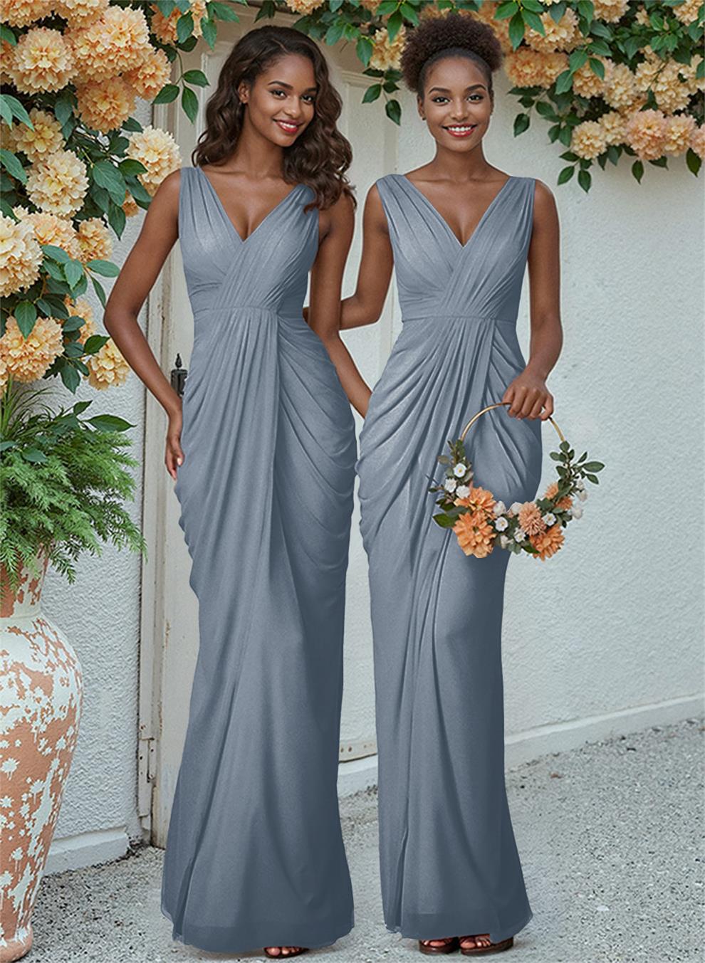 Sheath/Column V-Neck Sleeveless Floor-Length Chiffon Bridesmaid Dresses, product image 15