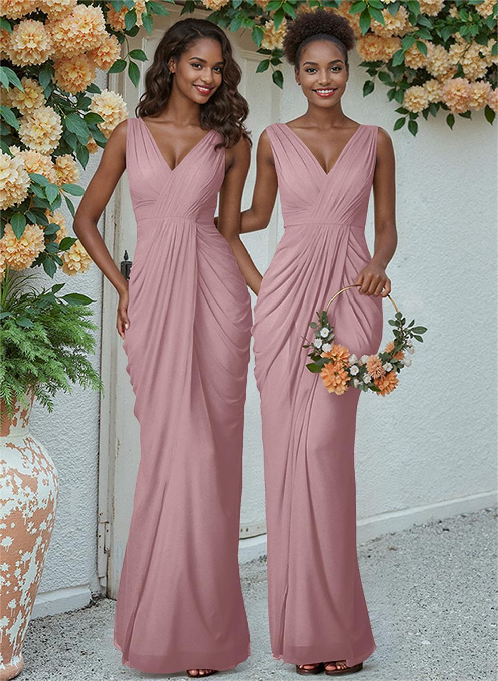 Sheath/Column V-Neck Sleeveless Floor-Length Chiffon Bridesmaid Dresses, product image 66