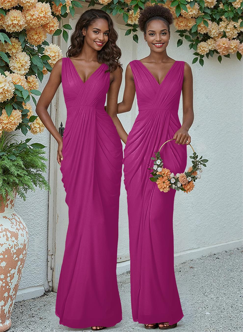 Sheath/Column V-Neck Sleeveless Floor-Length Chiffon Bridesmaid Dresses, product image 123