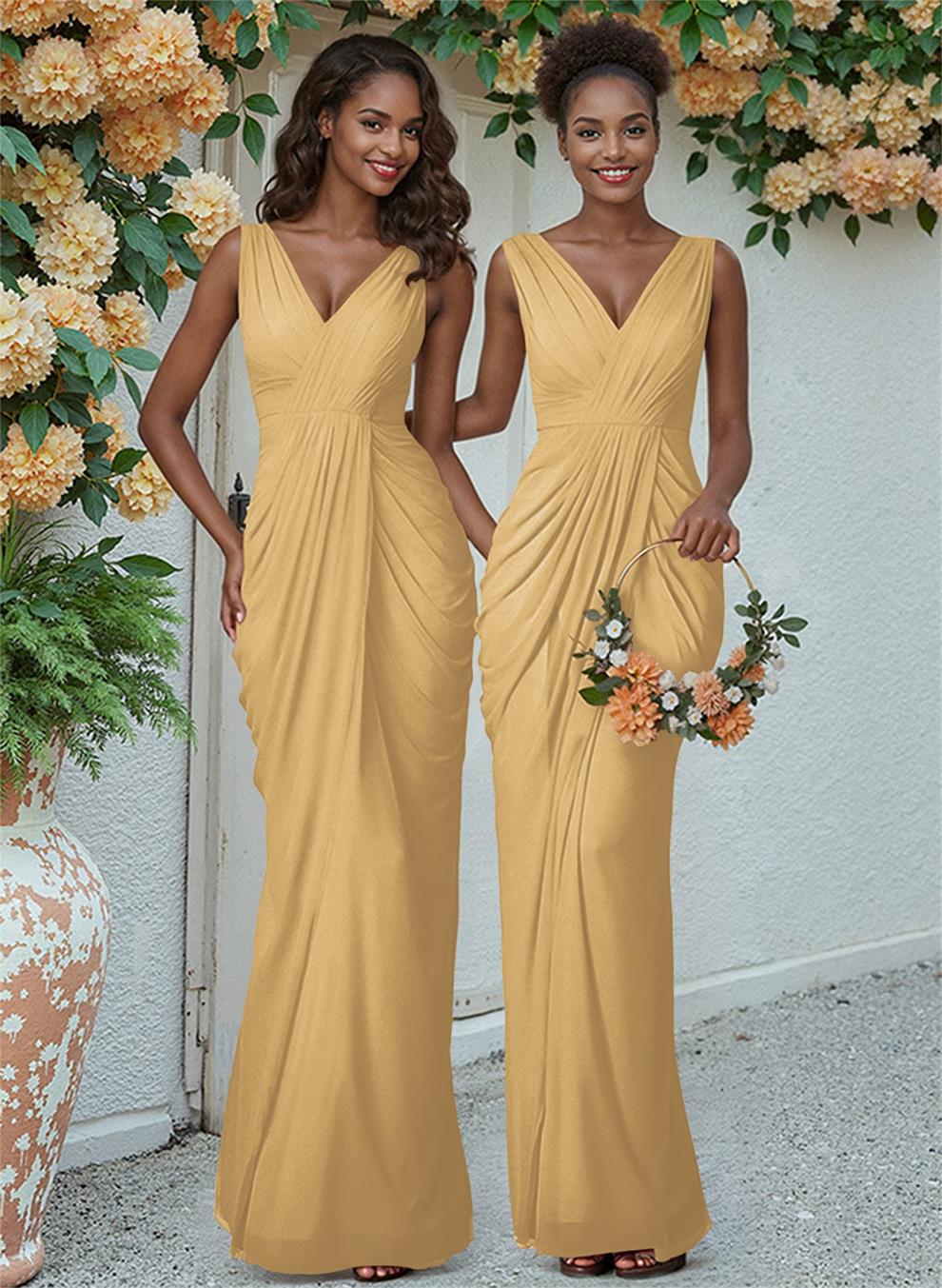 Sheath/Column V-Neck Sleeveless Floor-Length Chiffon Bridesmaid Dresses, product image 162
