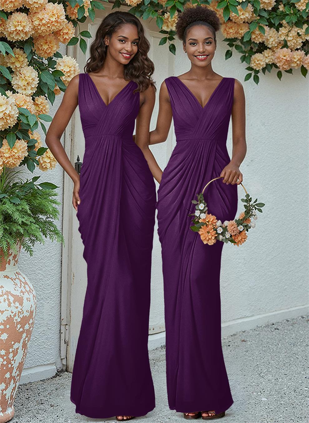 Sheath/Column V-Neck Sleeveless Floor-Length Chiffon Bridesmaid Dresses, product image 114