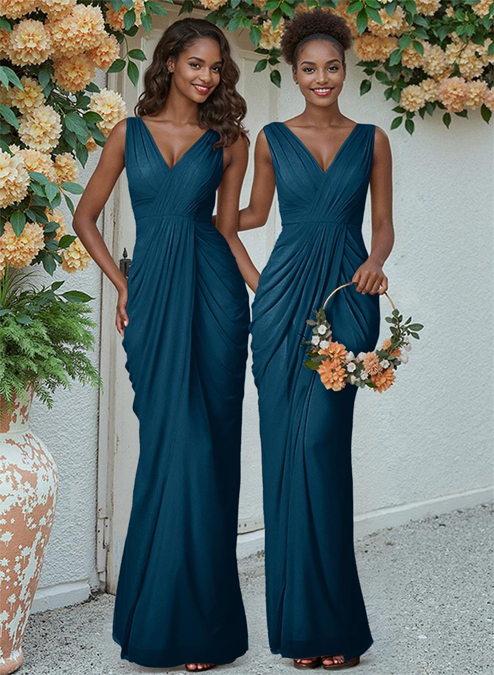 Sheath/Column V-Neck Sleeveless Floor-Length Chiffon Bridesmaid Dresses, product image 24