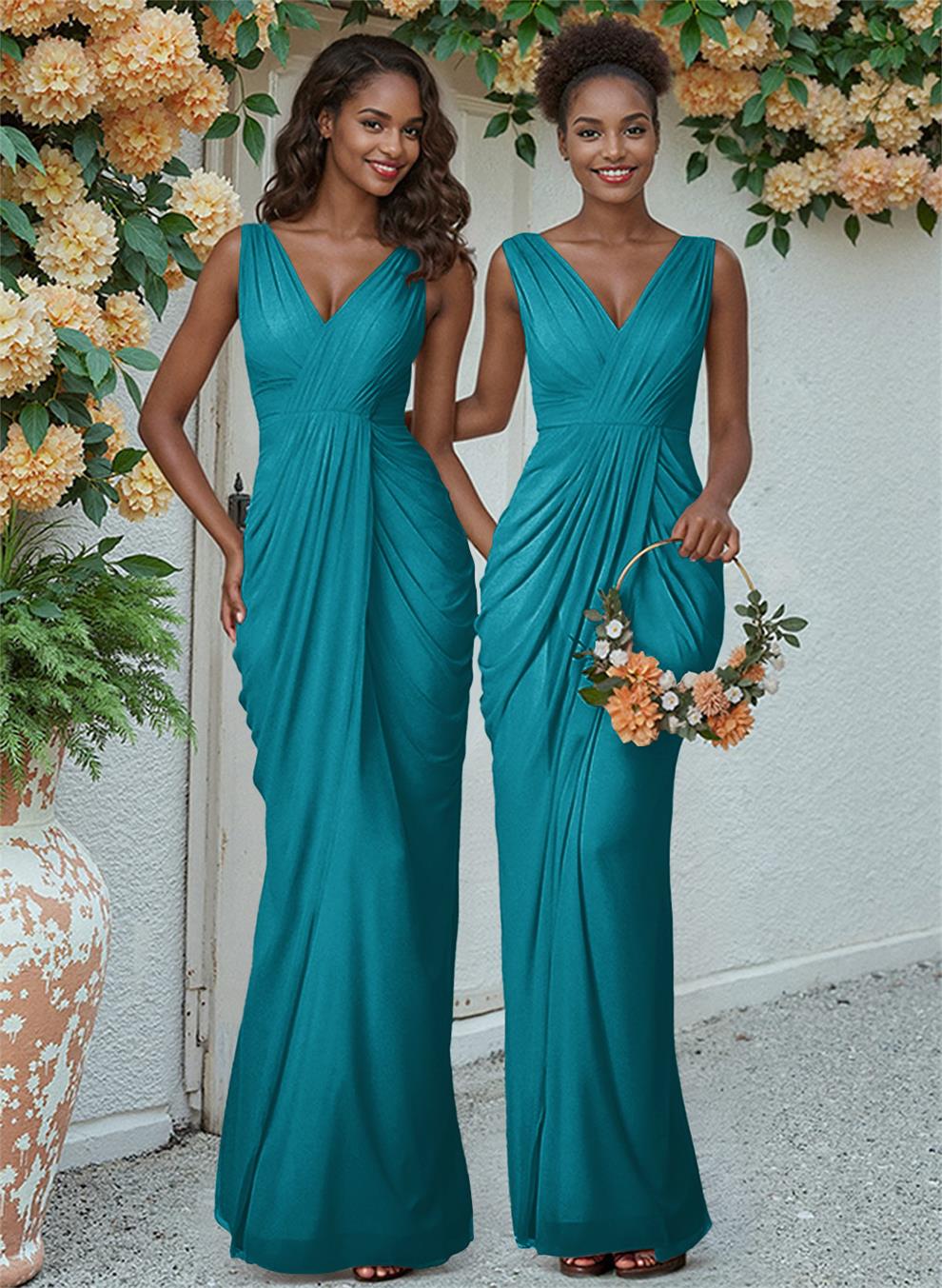 Sheath/Column V-Neck Sleeveless Floor-Length Chiffon Bridesmaid Dresses, product image 138