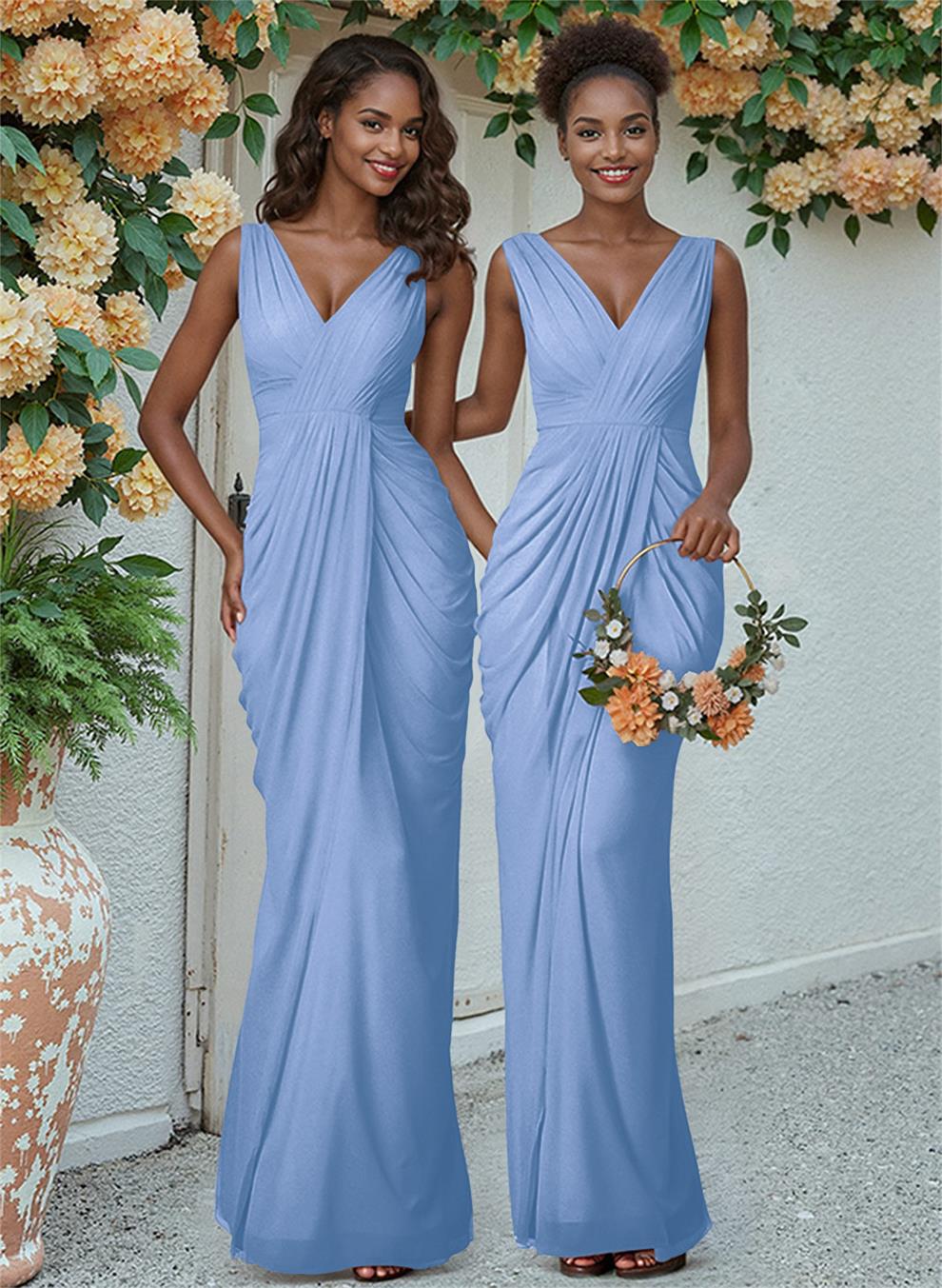 Sheath/Column V-Neck Sleeveless Floor-Length Chiffon Bridesmaid Dresses, product image 36