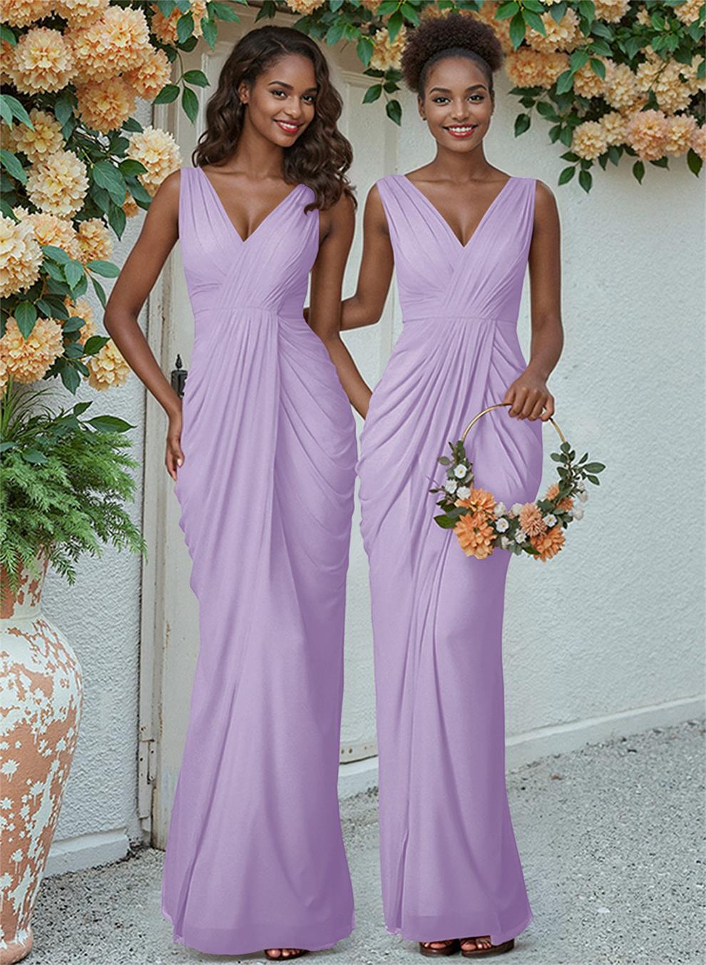 Sheath/Column V-Neck Sleeveless Floor-Length Chiffon Bridesmaid Dresses, product image 102