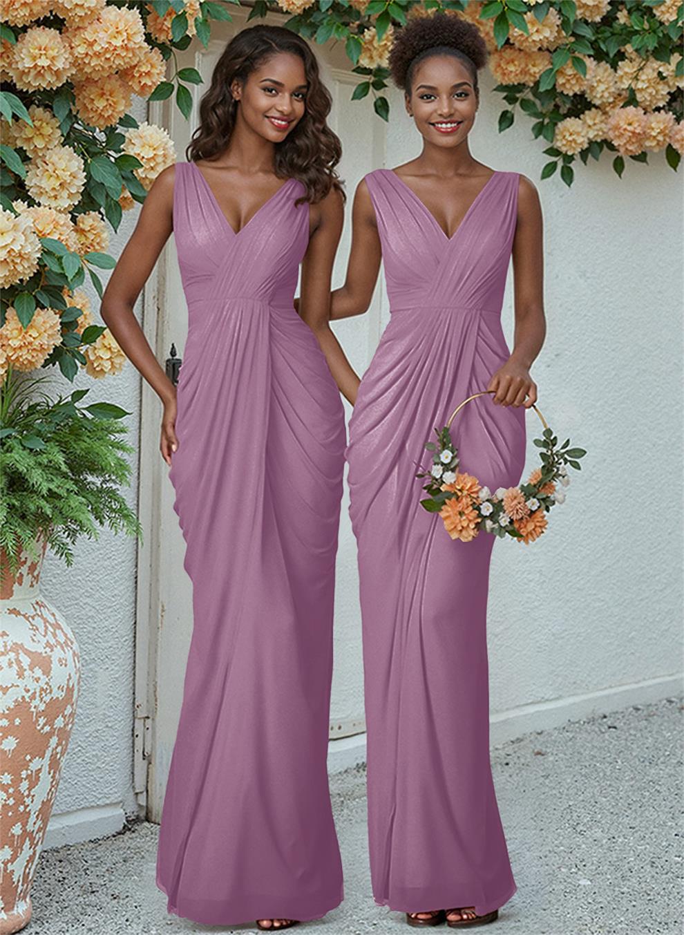 Sheath/Column V-Neck Sleeveless Floor-Length Chiffon Bridesmaid Dresses, product image 99