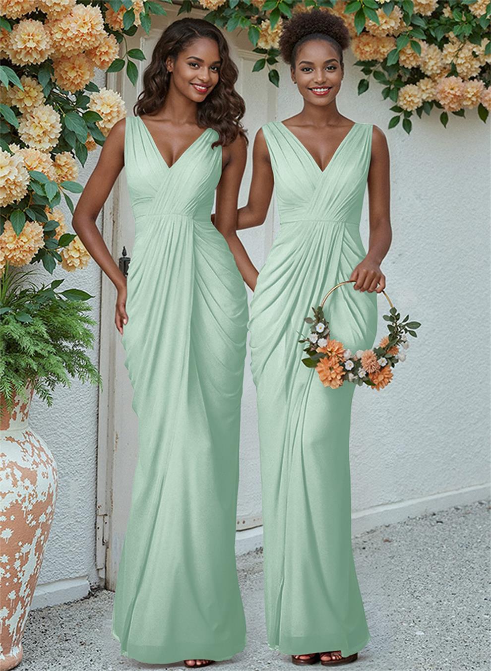 Sheath/Column V-Neck Sleeveless Floor-Length Chiffon Bridesmaid Dresses, product image 147