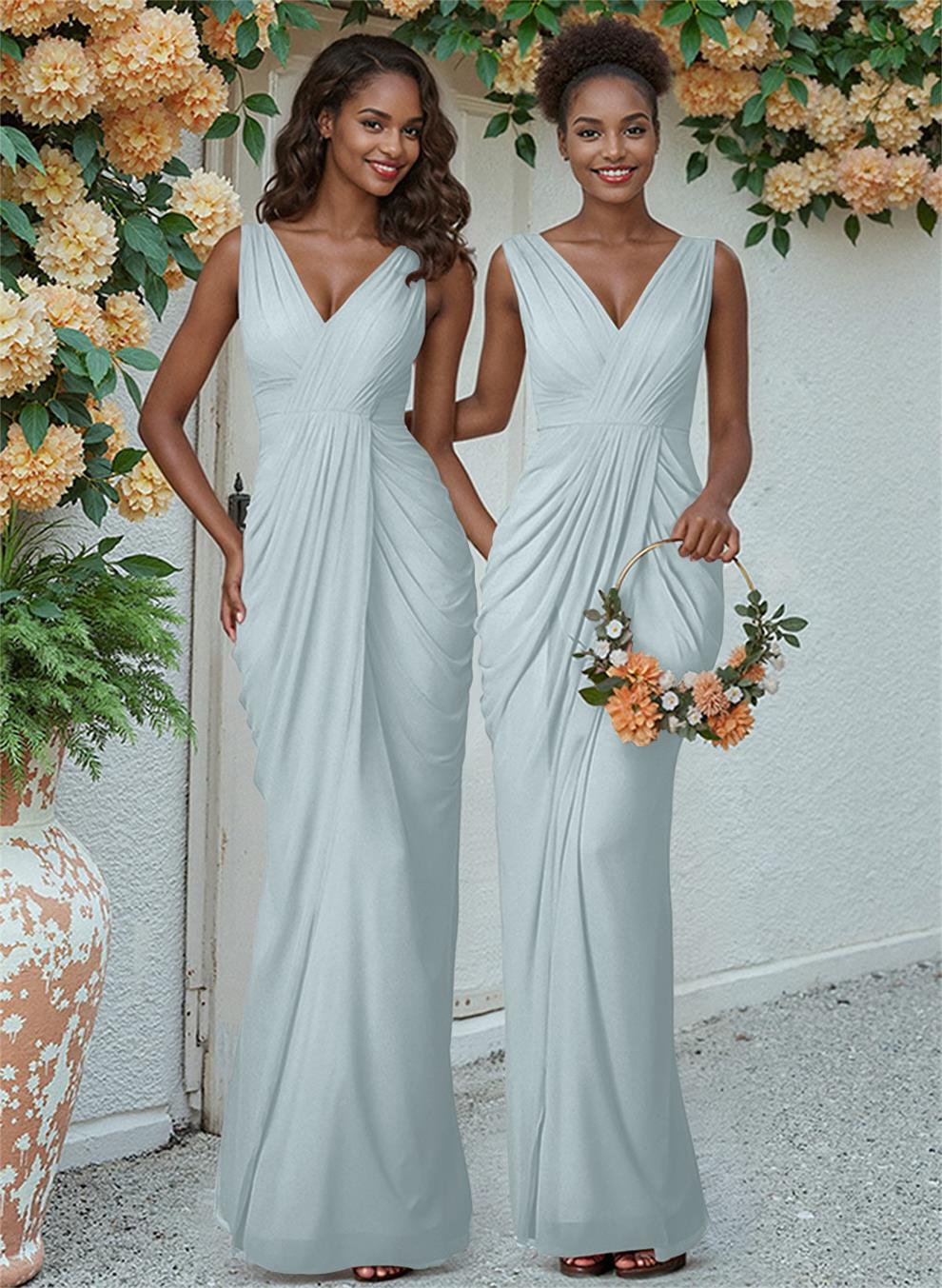 Sheath/Column V-Neck Sleeveless Floor-Length Chiffon Bridesmaid Dresses, product image 42