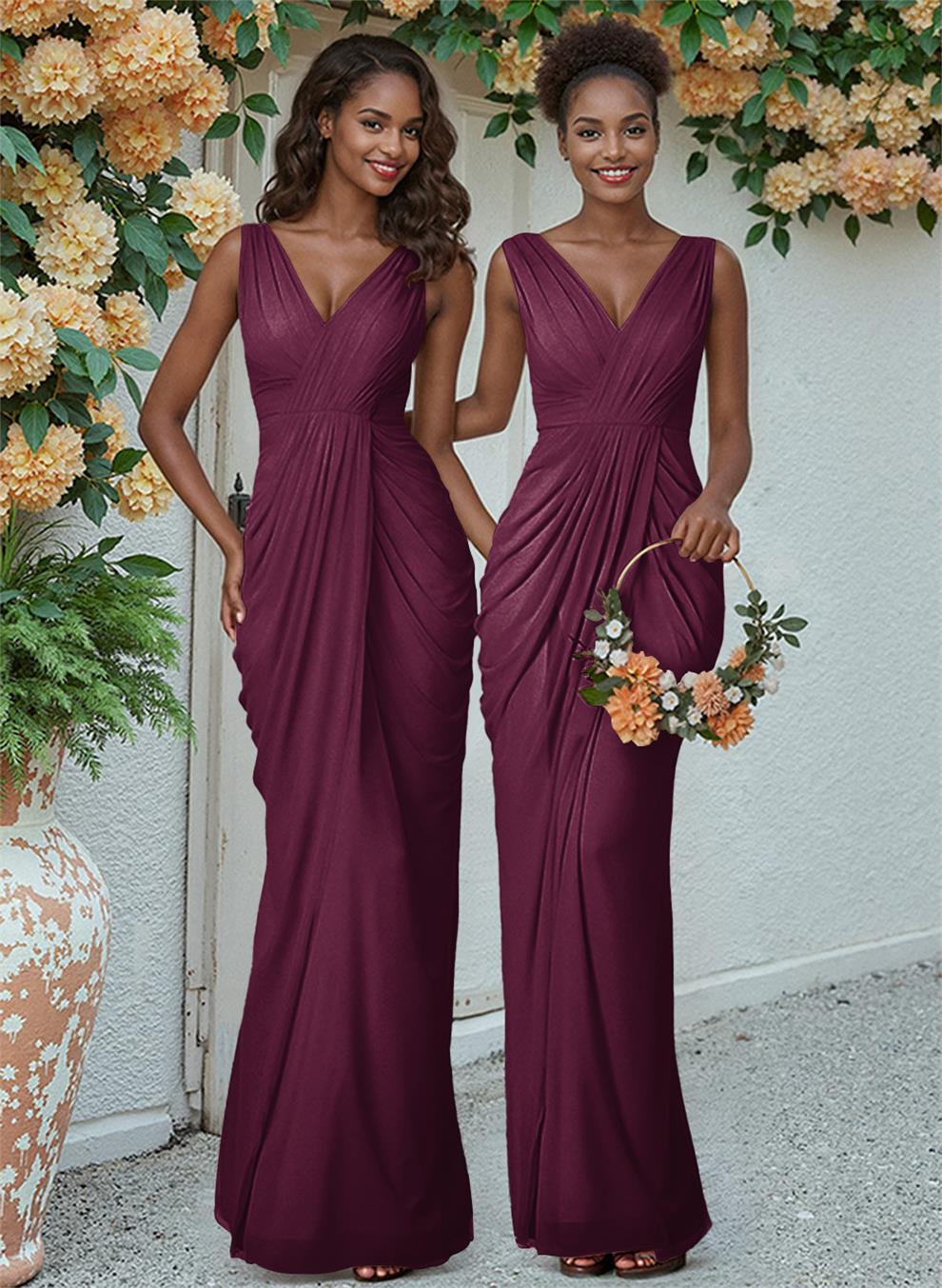 Sheath/Column V-Neck Sleeveless Floor-Length Chiffon Bridesmaid Dresses, product image 54